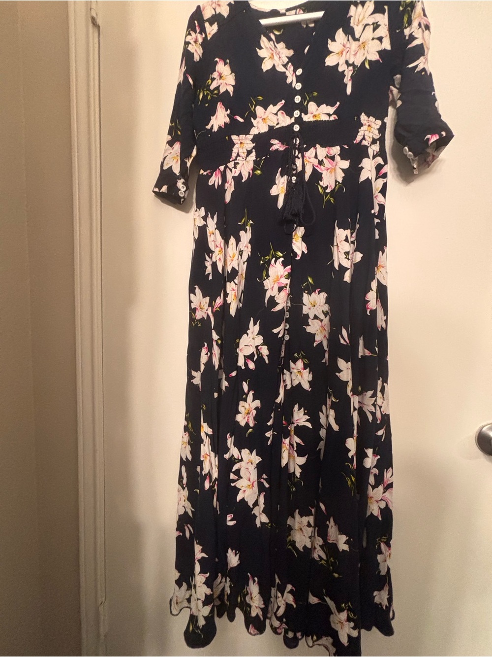 Women's Navy Floral Midi Dress with Tie Waist